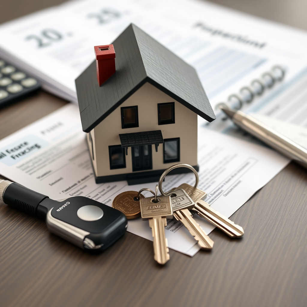Moderne Immobilie mit Schlüsseln und Finanzierungsdokumenten auf einem Schreibtisch, symbolisiert professionelle Immobilienfinanzierung und Hypothekenberatung