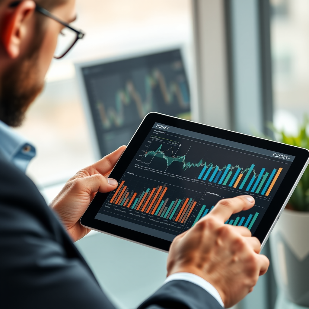 Professionelle Finanzoptimierung und Refinanzierung - Geschäftsmann analysiert Finanzdiagramme und Daten auf modernem Tablet zur Optimierung von Finanzstrukturen