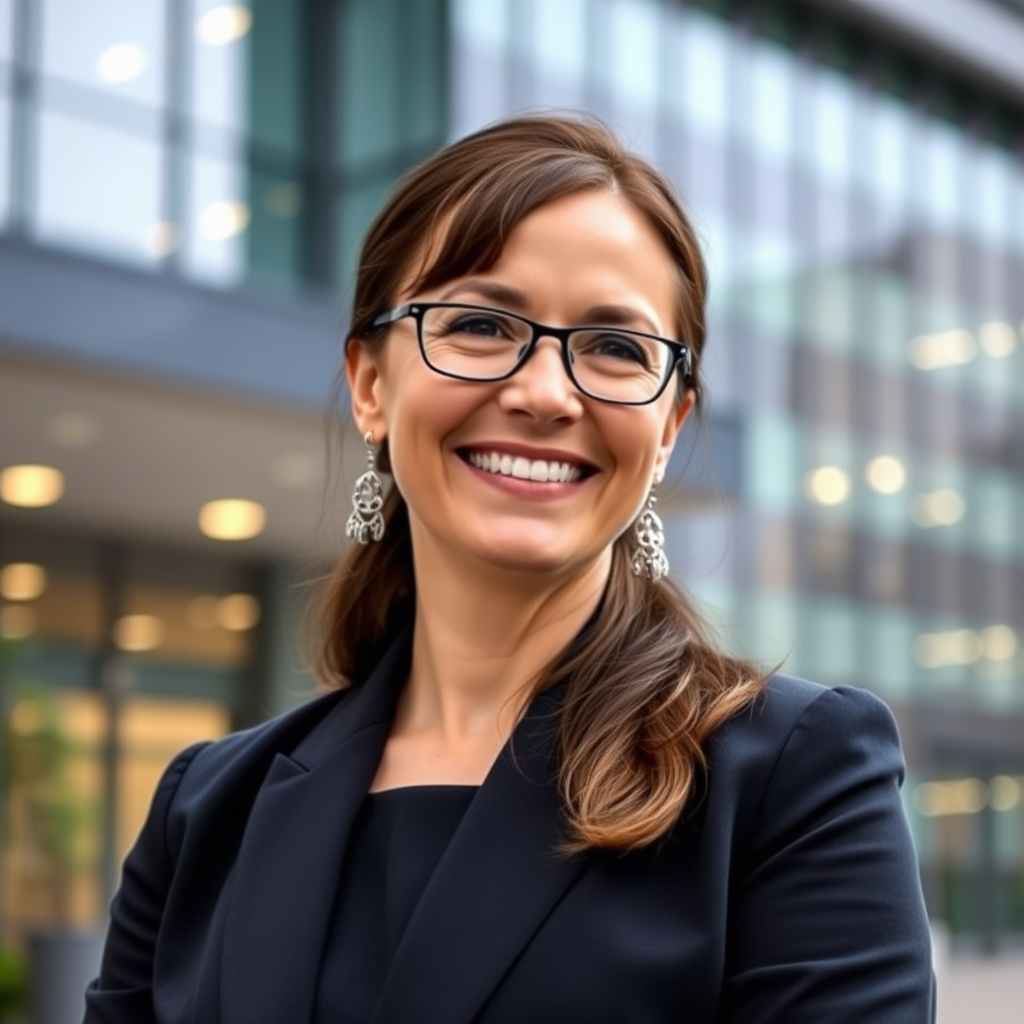 Dr. Elena Richter - Professionelle Geschäftsprozess-Spezialistin mit Doktortitel, lächelnd in Business-Kleidung vor modernem Bürogebäude
