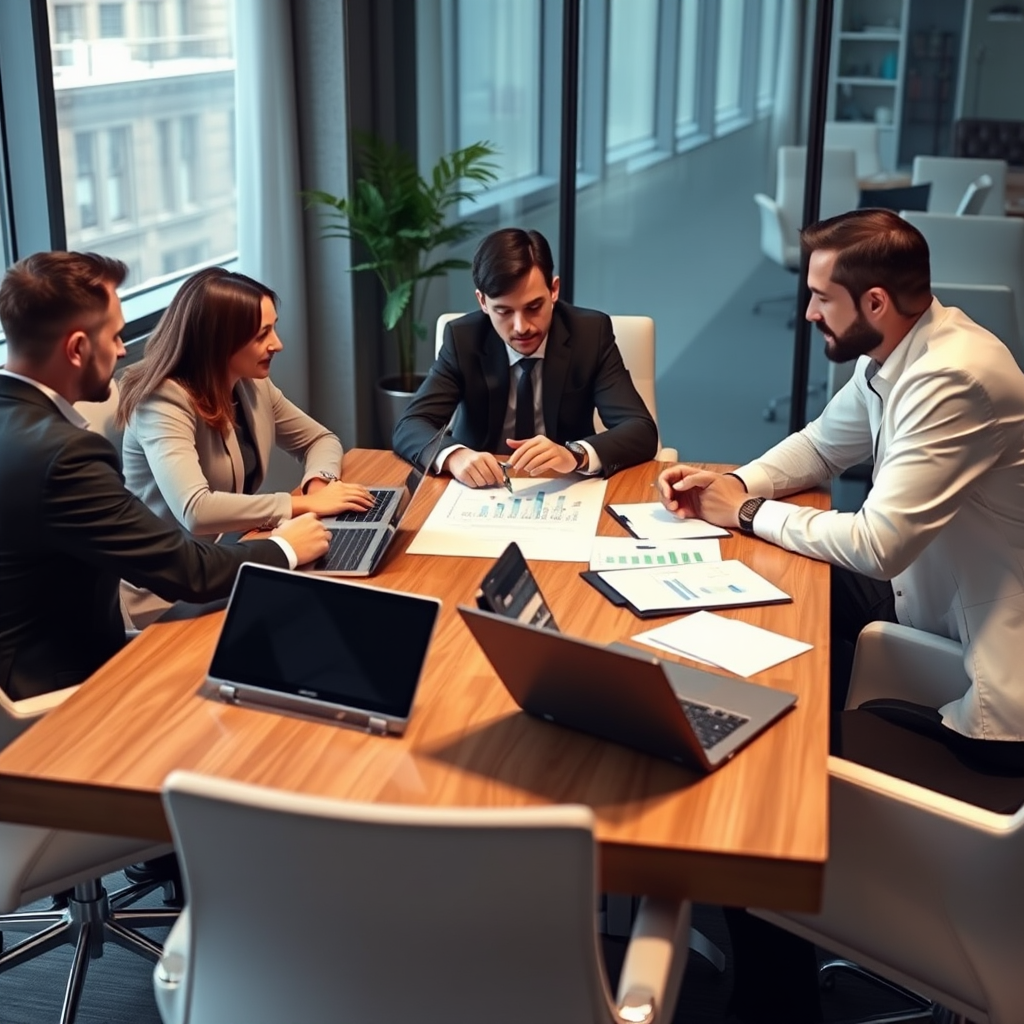 Geschäftsfinanzierung Beratung mit Unternehmern in modernem Konferenzraum, Laptops und Finanzdiagramme auf dem Tisch, professionelle Atmosphäre